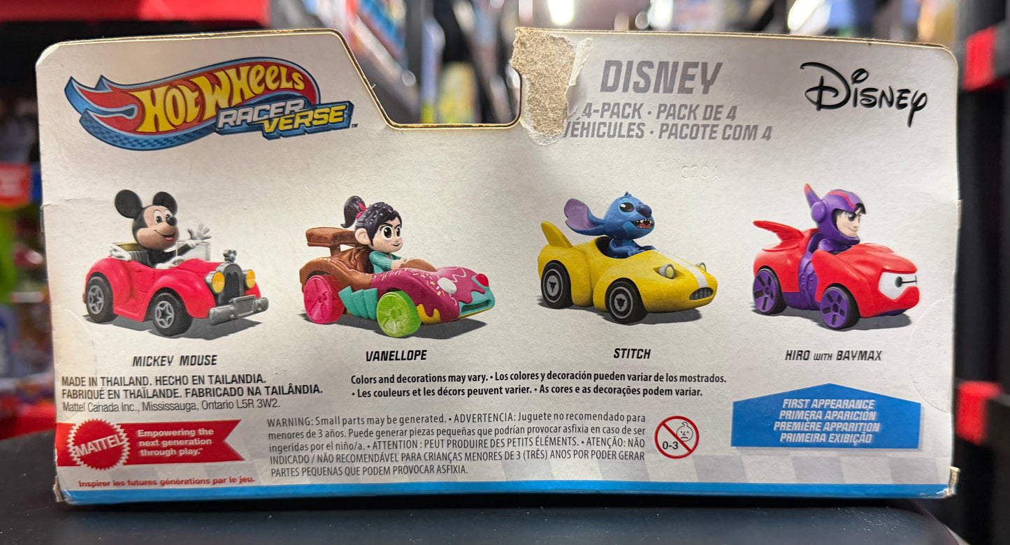 Hot Wheels Racer Verse Disney 4-Pack, Mickey, Vanellope, Stitch, Hiro & Baymax 10113