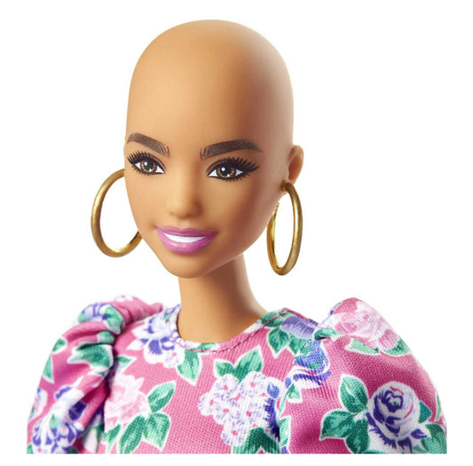 Barbie Fashionistas Doll #150 with No-Hair Look Wearing Pink Floral Dress