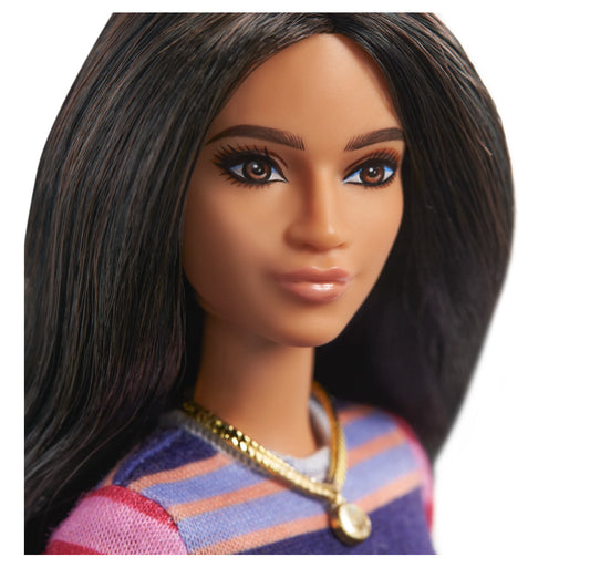 Barbie Fashionistas Doll #147 With Long Brunette Hair & Striped Dress
