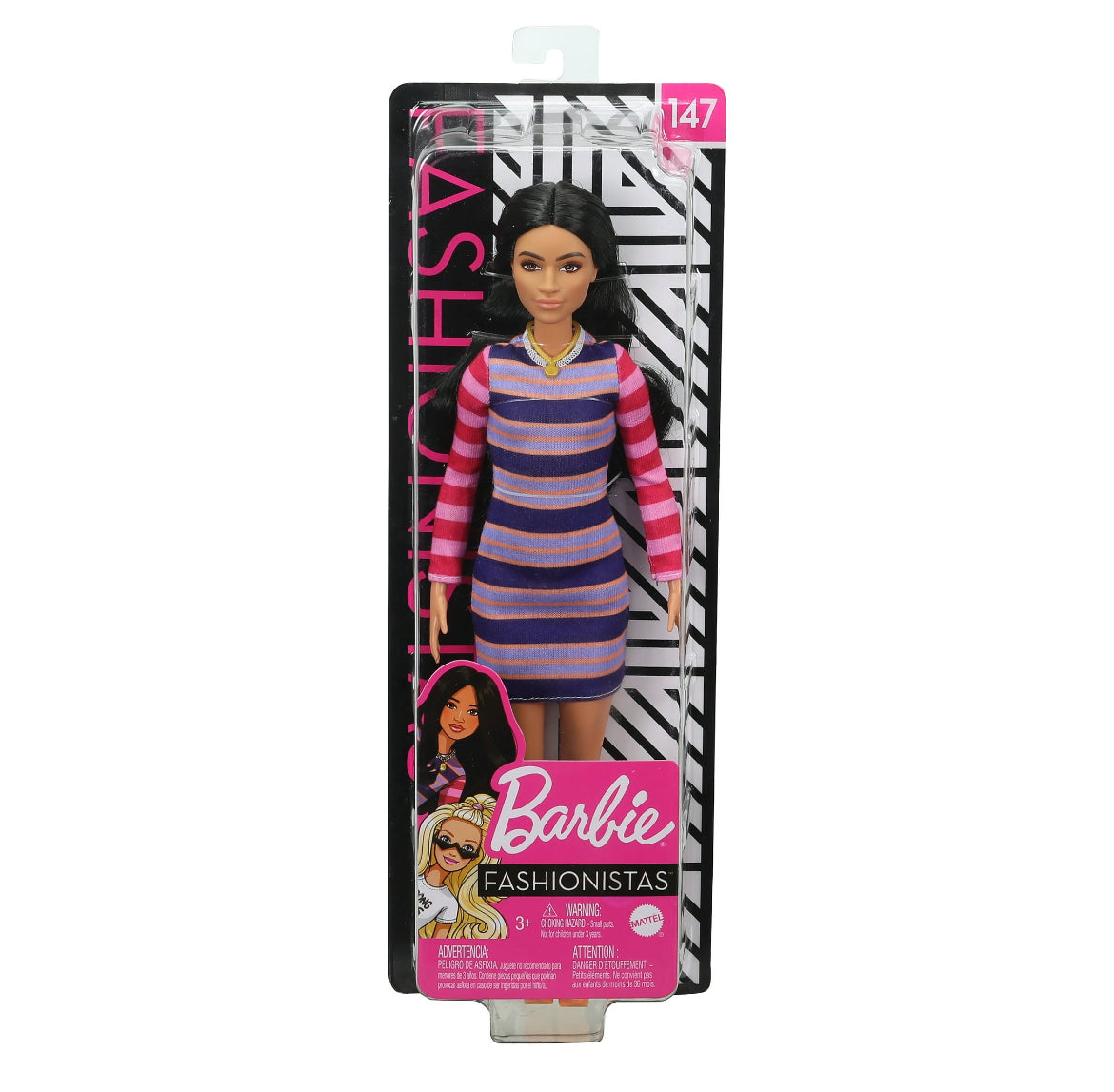 Barbie Fashionistas Doll #147 With Long Brunette Hair & Striped Dress