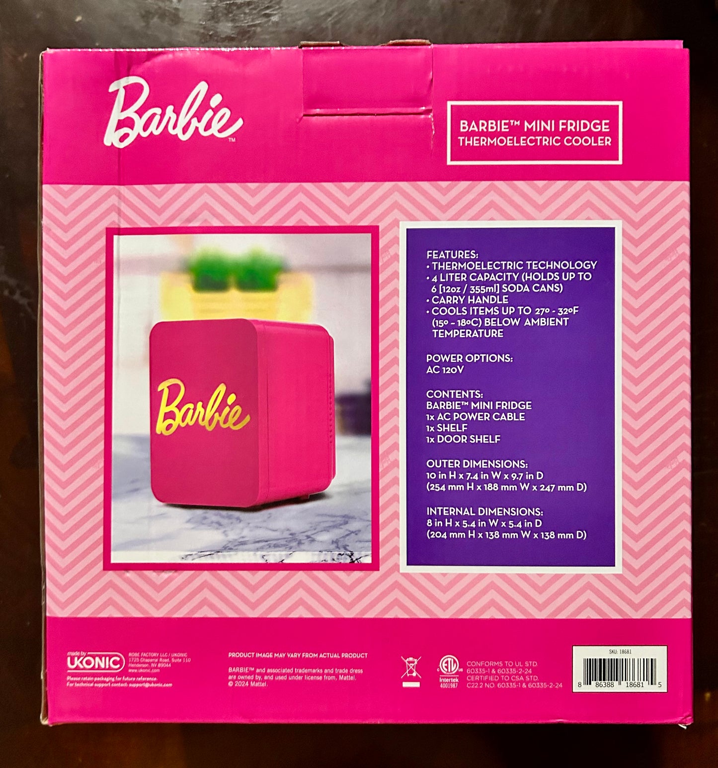 Barbie Hot Pink 6 Can Mini Fridge Thermoelectric Cooler 18681