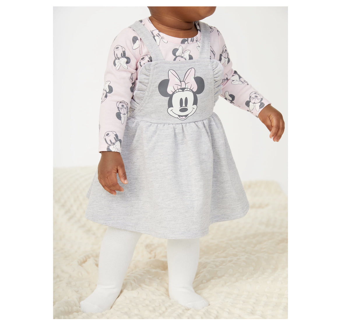Disney Minnie Mouse Baby Girls Pinafore Dress, Top with Long Sleeves and Tights Set, 3-Piece