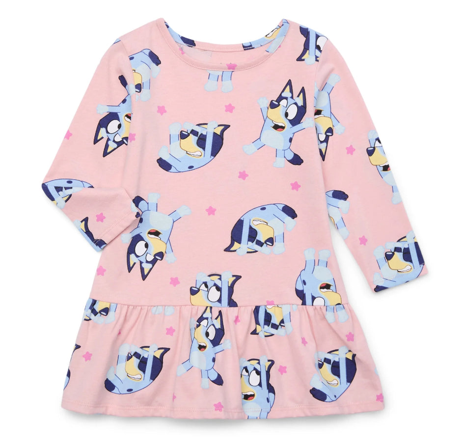 Bluey Toddler Girl Print Drop Waist Dress with Long Sleeves – Cove Toy House Bluey Toddler Girl Print Drop Waist Dress with Long Sleeves – Cove Toy House