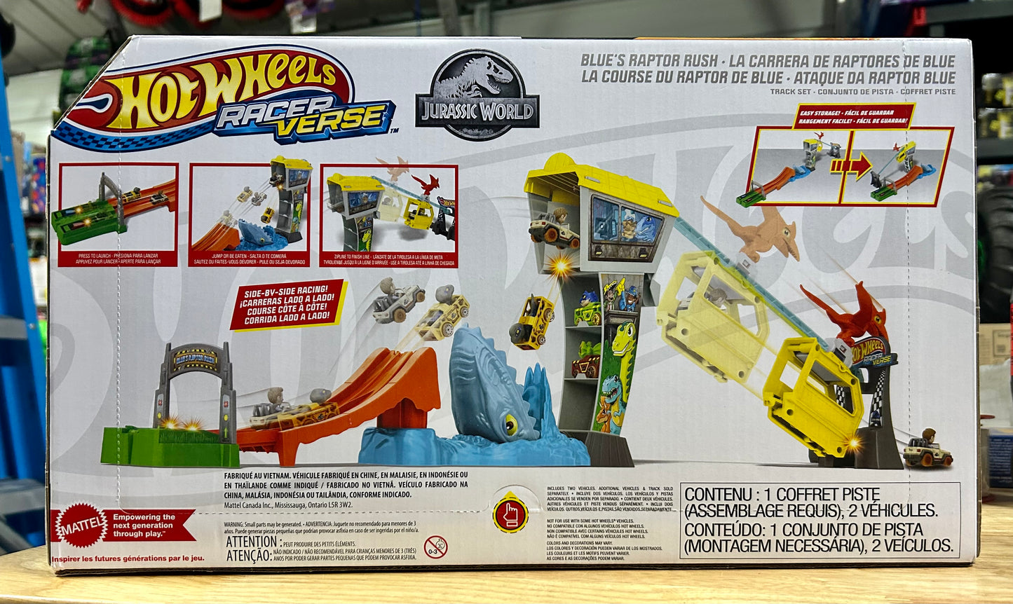 Hot Wheels Racer Verse Jurassic World Blue’s Raptor Rush Track Vehicle Playsets 19538