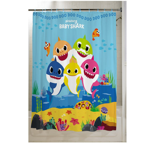 Baby Shark Kids Fabric Shower Curtain and Rings, 13-Piece Set, Blue 79738