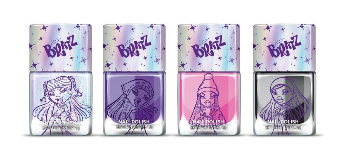 Bratz Nail Polish, 4 Piece Set, Silver Glitter, Purple, Pink and Black 17776