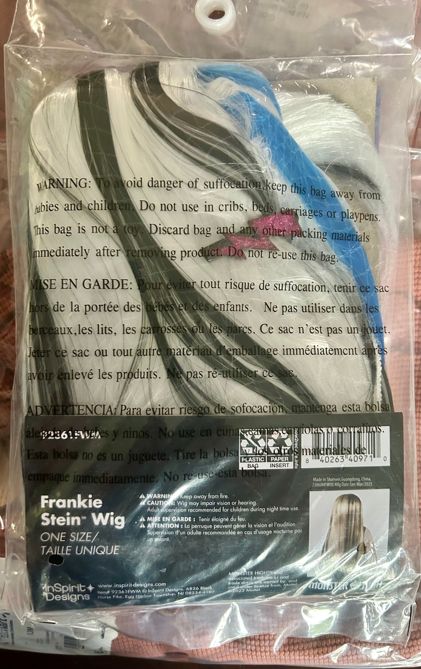 Monster High Girls' Frankie Stein Halloween Costume Wig with Hair Clip 40971