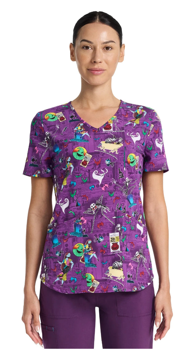 Disney The Nightmare Before Christmas Skellington Women's V-Neck Print Scrub Top