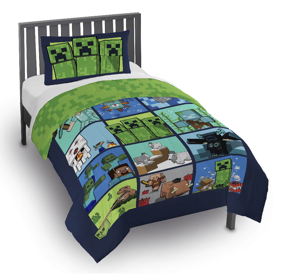 Minecraft Kids 2 Piece Green Reversible Comforter and Pillowcase Bedding Set, Twin/Full 24354
