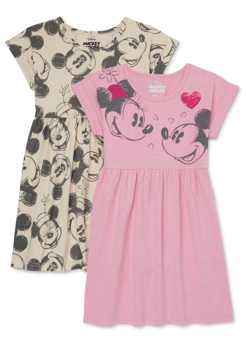 Mickey and Minnie Mouse Girls’ Play Dress with Short Sleeves, 2-Pack