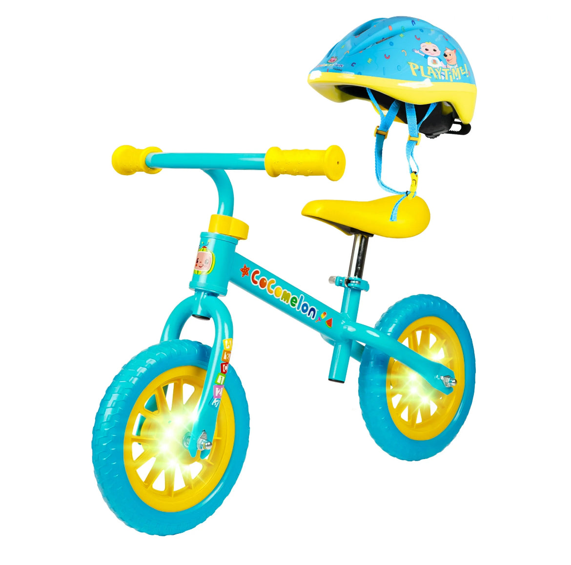 Cocomelon Toddlers Balance Bike Adjustable Helmet Light-up 10" Wheels 003385