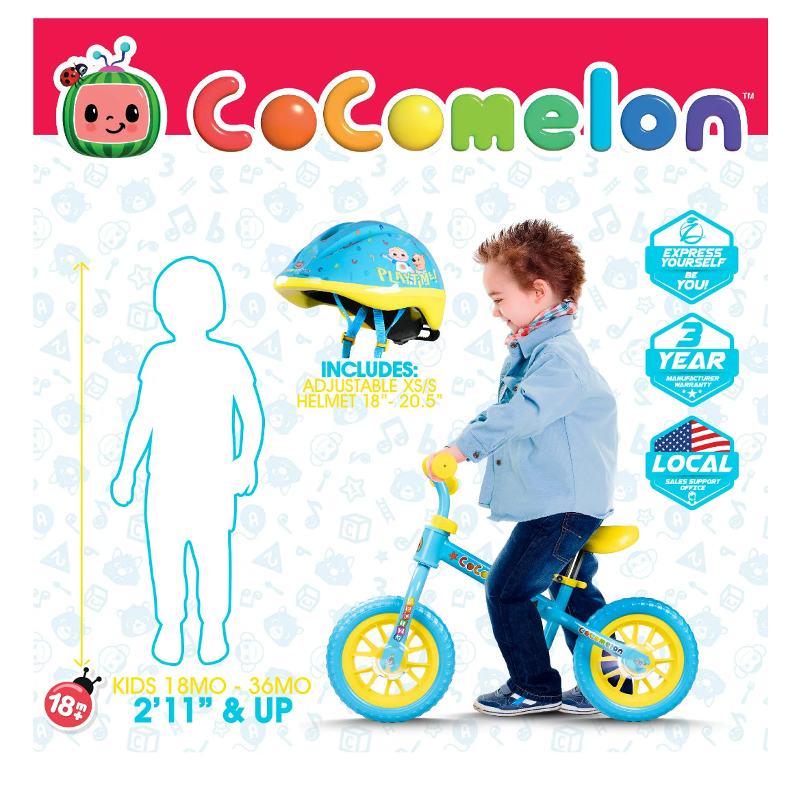 Cocomelon Toddlers Balance Bike Adjustable Helmet Light-up 10" Wheels 003385