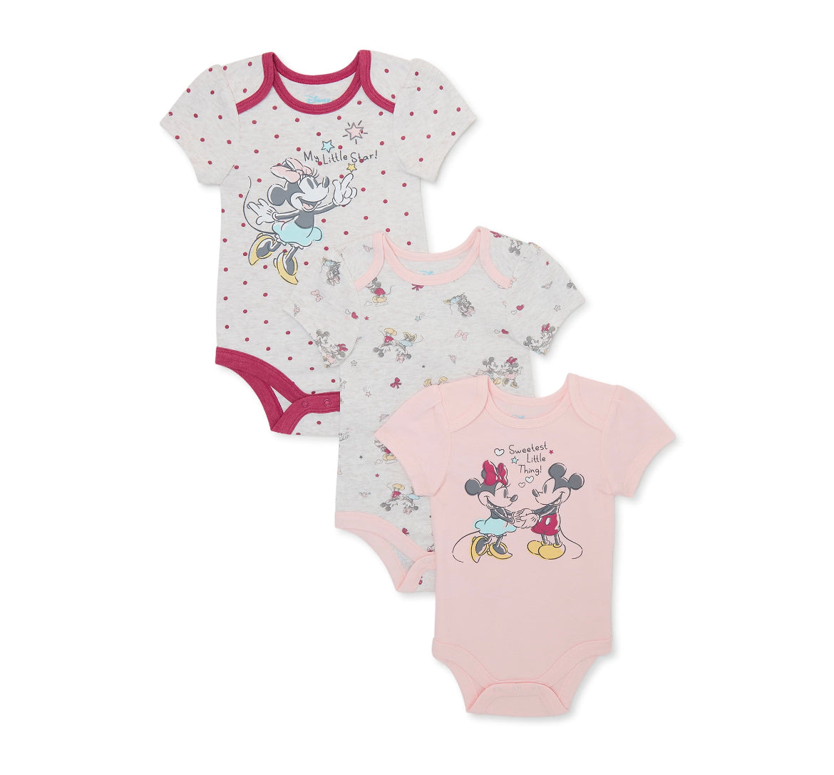 Disney Baby Wishes & Dreams Minnie Mouse Baby Boys and Girls Unisex Bodysuit, 3-Pack, Size 3-6 Months