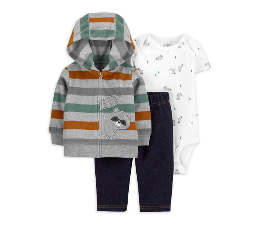 Carter's Child of Mine Baby Boy Hooded Fleece Cardigan and Denim Pant 3pc Outfit Set