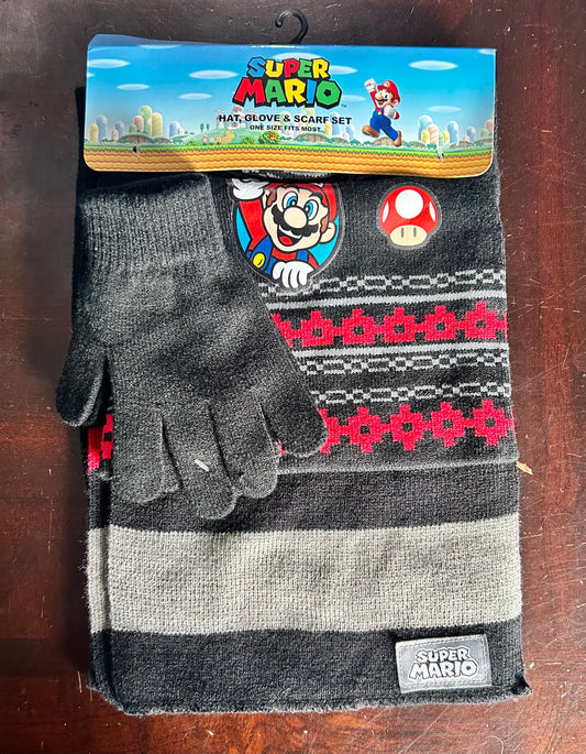 Super Mario Boy's Licensed Hat, Glove, Scarf 3 Piece Gift Set