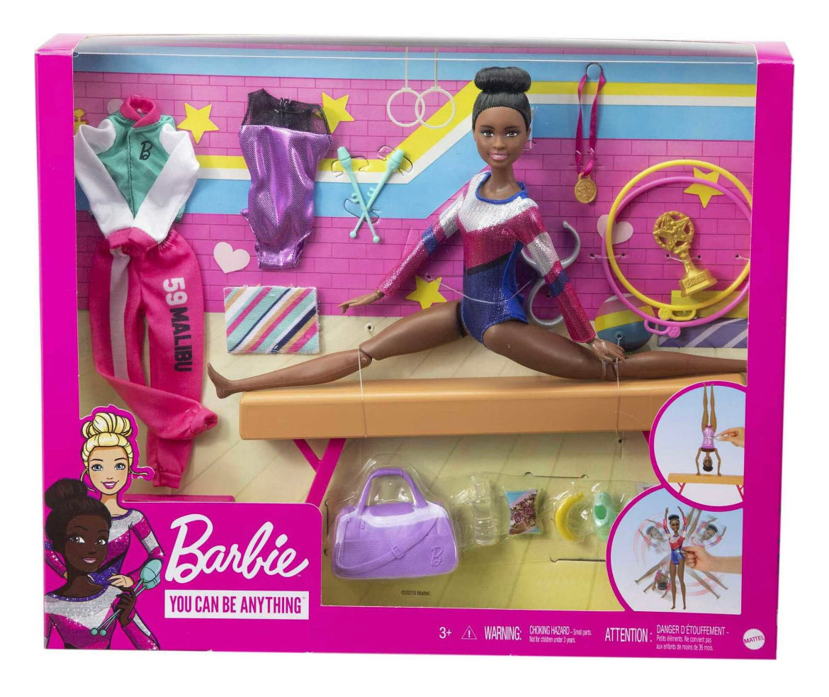 Barbie Gymnastics Playset with Brunette Doll & 15+ Accessories, Twirling Gymnast Toy & Balance Beam