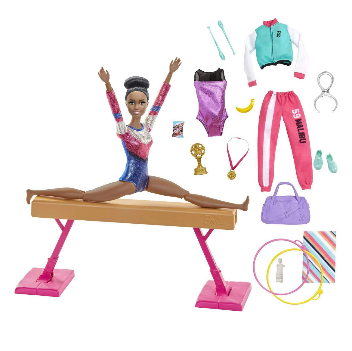 Barbie Gymnastics Playset with Brunette Doll & 15+ Accessories, Twirling Gymnast Toy & Balance Beam