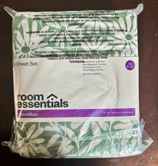 Microfiber Twin / Twin XL 3-Piece Green / White Floral Sheet Set 00105