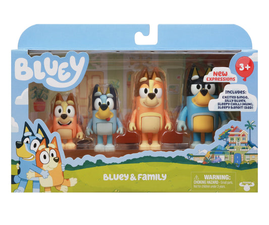 Bluey & Family Mini Figure 4-Pack (Excited Bingo, Silly Bluey, Sleepy Mum & Sleepy Dad)