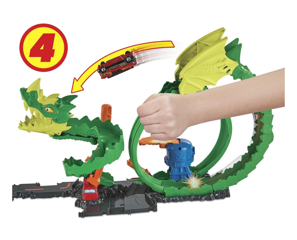 Hot Wheels City Dragon Drive Firefight Track Set & 1:64 Scale Toy Firetruck, Fire Station Theme