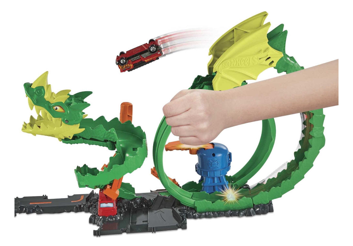 Hot Wheels City Dragon Drive Firefight Track Set & 1:64 Scale Toy Firetruck, Fire Station Theme