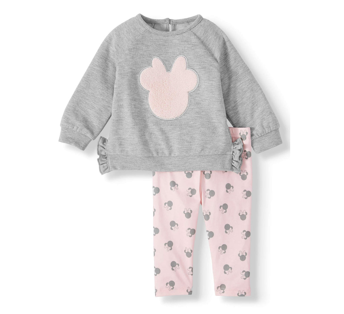 Disney Minnie Mouse Baby Girl Long Sleeve French Terry Top and Legging, 2pc Outfit Set