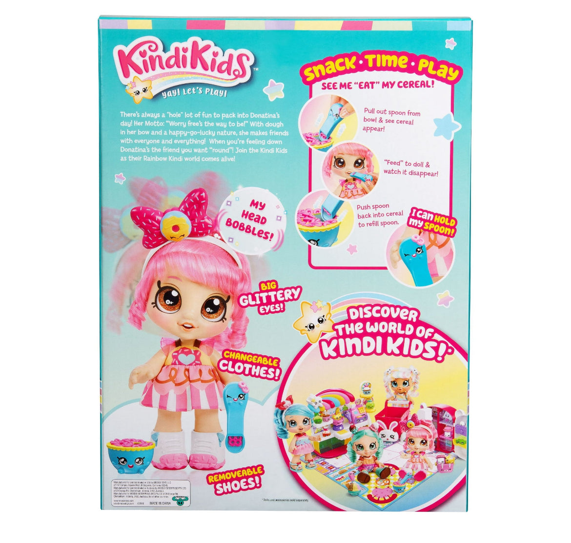 Kindi Kids Snack Time Friends, Donatina, Pre-School 10" Doll Playset, 3 Pieces Included