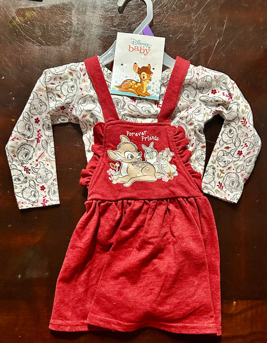 Disney Baby Bambi Red Long Sleeve Pinafore Dress 12-Month 29930