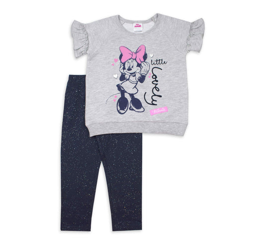 Minnie Mouse Short Sleeve Ruffle French Terry Top and Printed Leggings, 2pc Outfit Set (Toddler Girls)