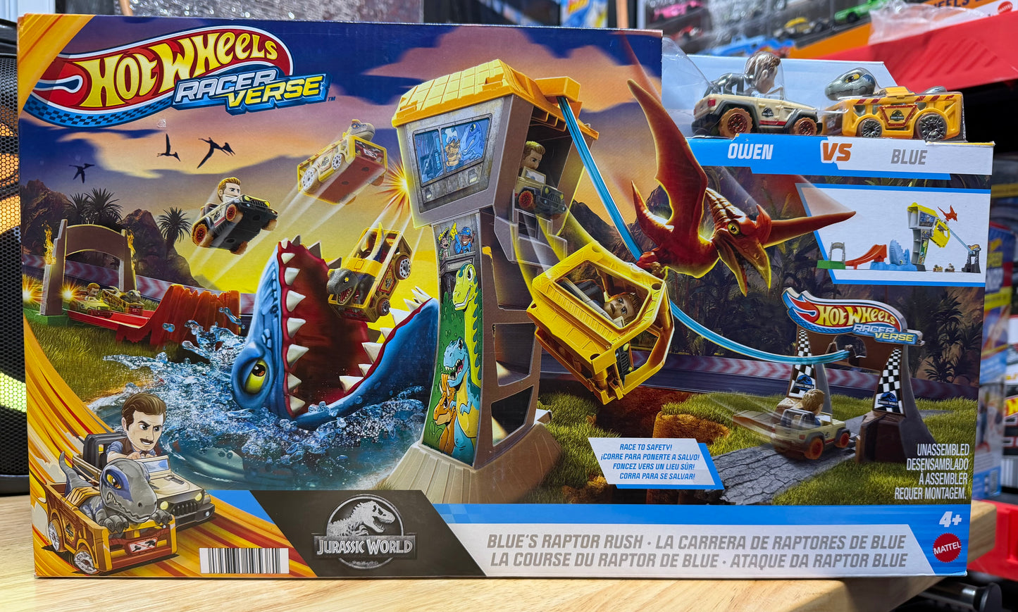 Hot Wheels Racer Verse Jurassic World Blue’s Raptor Rush Track Vehicle Playset 19538