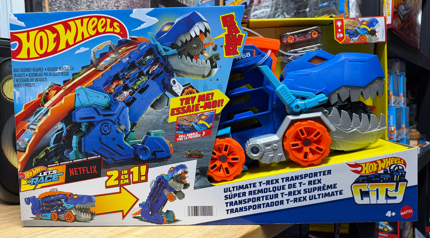 Hot Wheels City Ultimate T-Rex Transporter, Hauler Transforms into a Dino 14002