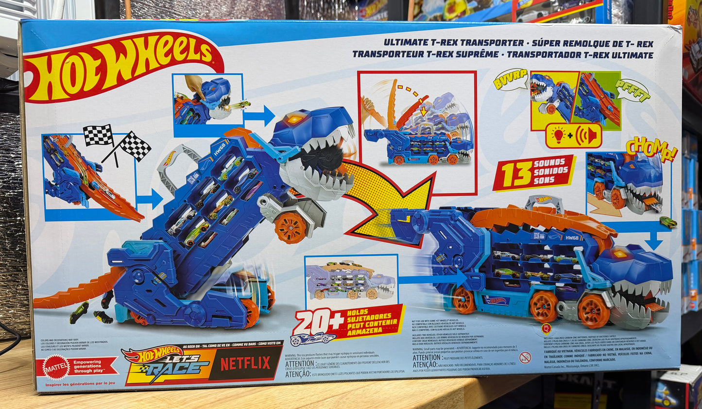 Hot Wheels City Ultimate T-Rex Transporter, Hauler Transforms into a Dino 14002