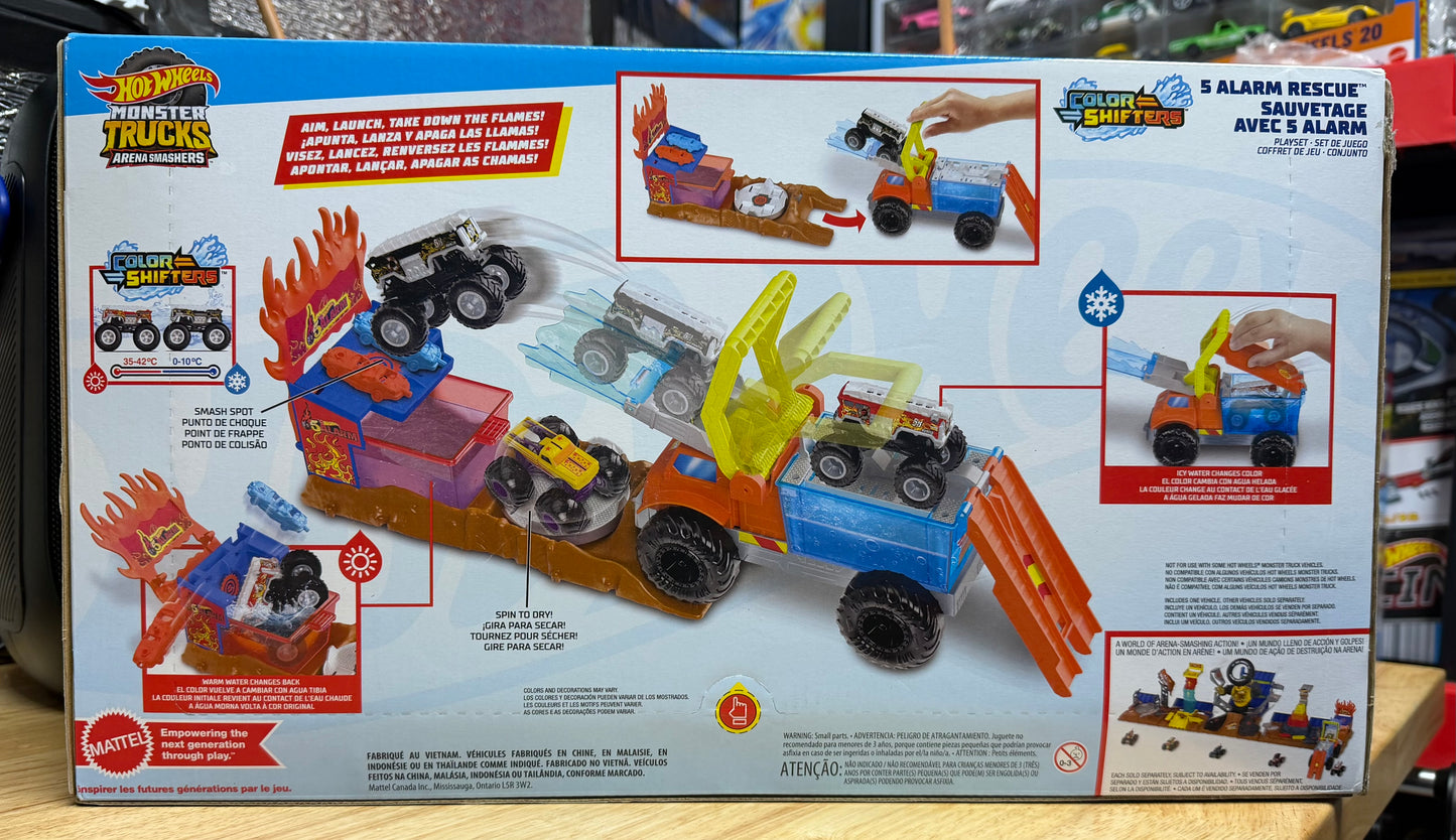 Hot Wheels Monster Trucks Arena Smashers Color Shifters 5-Alarm Rescue Playset 16434