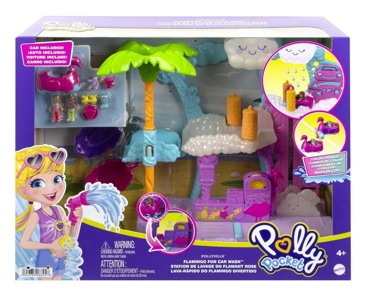 Polly Pocket Playset, Pollyville Flamingo Fun Car Wash, 2 Micro Dolls with Toy Car & Water Play Accessories