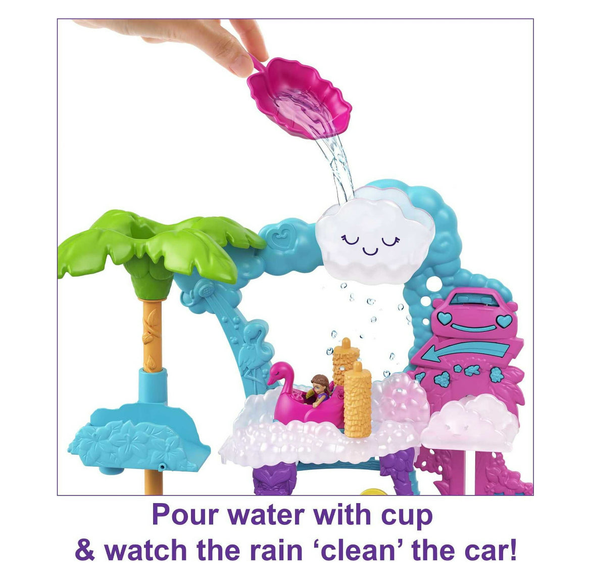 Polly Pocket Playset, Pollyville Flamingo Fun Car Wash, 2 Micro Dolls with Toy Car & Water Play Accessories