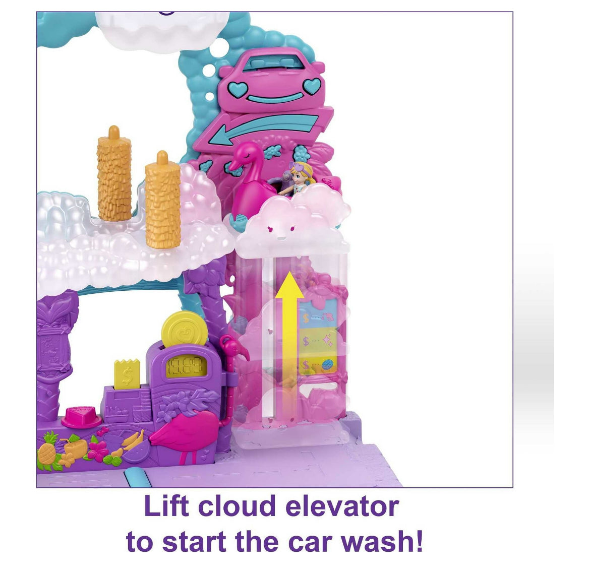 Polly Pocket Playset, Pollyville Flamingo Fun Car Wash, 2 Micro Dolls with Toy Car & Water Play Accessories