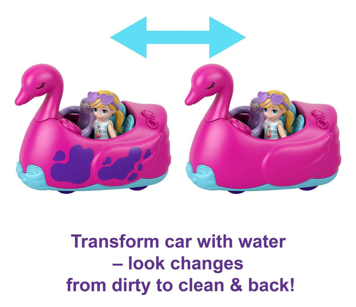 Polly Pocket Playset, Pollyville Flamingo Fun Car Wash, 2 Micro Dolls with Toy Car & Water Play Accessories