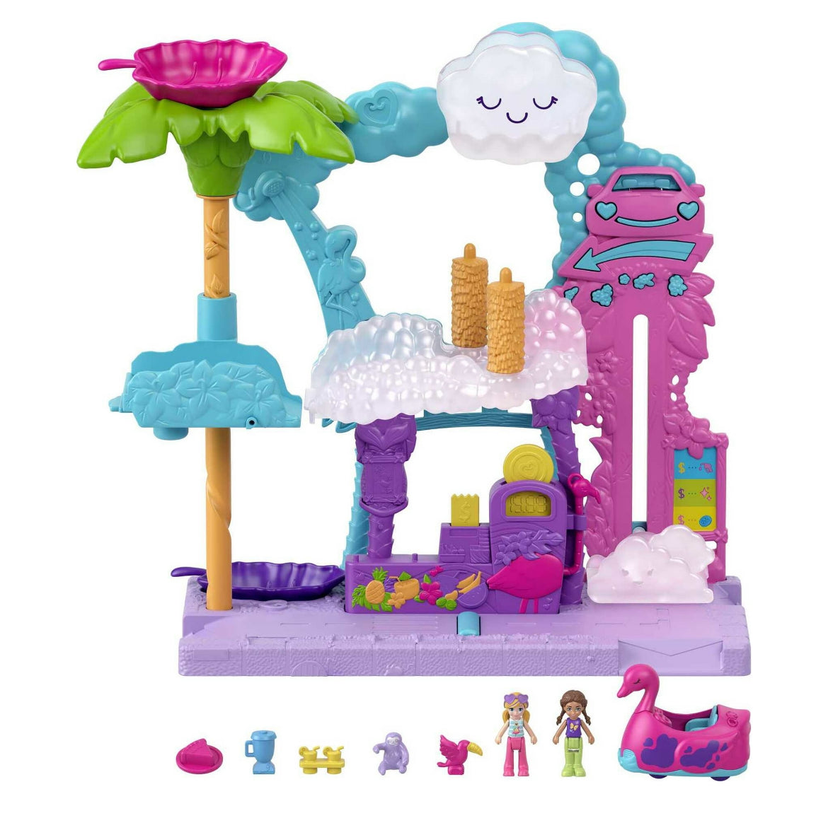 Polly Pocket Playset, Pollyville Flamingo Fun Car Wash, 2 Micro Dolls with Toy Car & Water Play Accessories