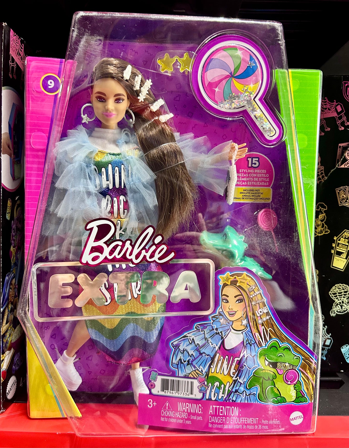 Barbie Extra Fashion Doll #9 with Long Brunette Hair & Bling Clips in Dress 97336