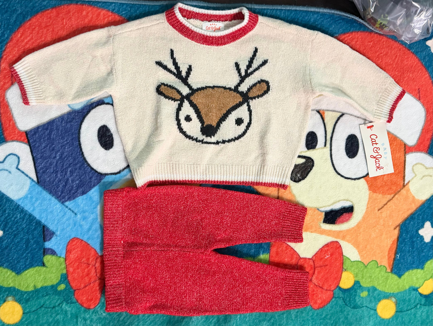 Infant Boys and Girls Red and Tan Sweater Pants Christmas Outfit NB 94549