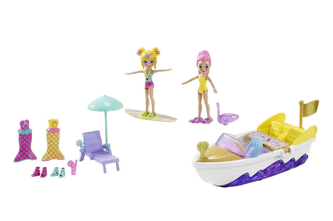 Polly Pocket Splashin’ Fun Mermaid Pack, Water Tank, Submarine, Boat, Two 3-inch Dolls