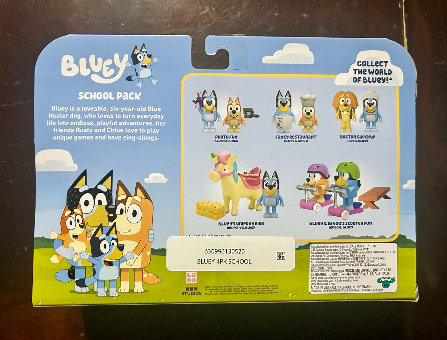 Bluey School 4-Pack Figure Set, Calypso, Bluey, Chloe, Rusty 13052