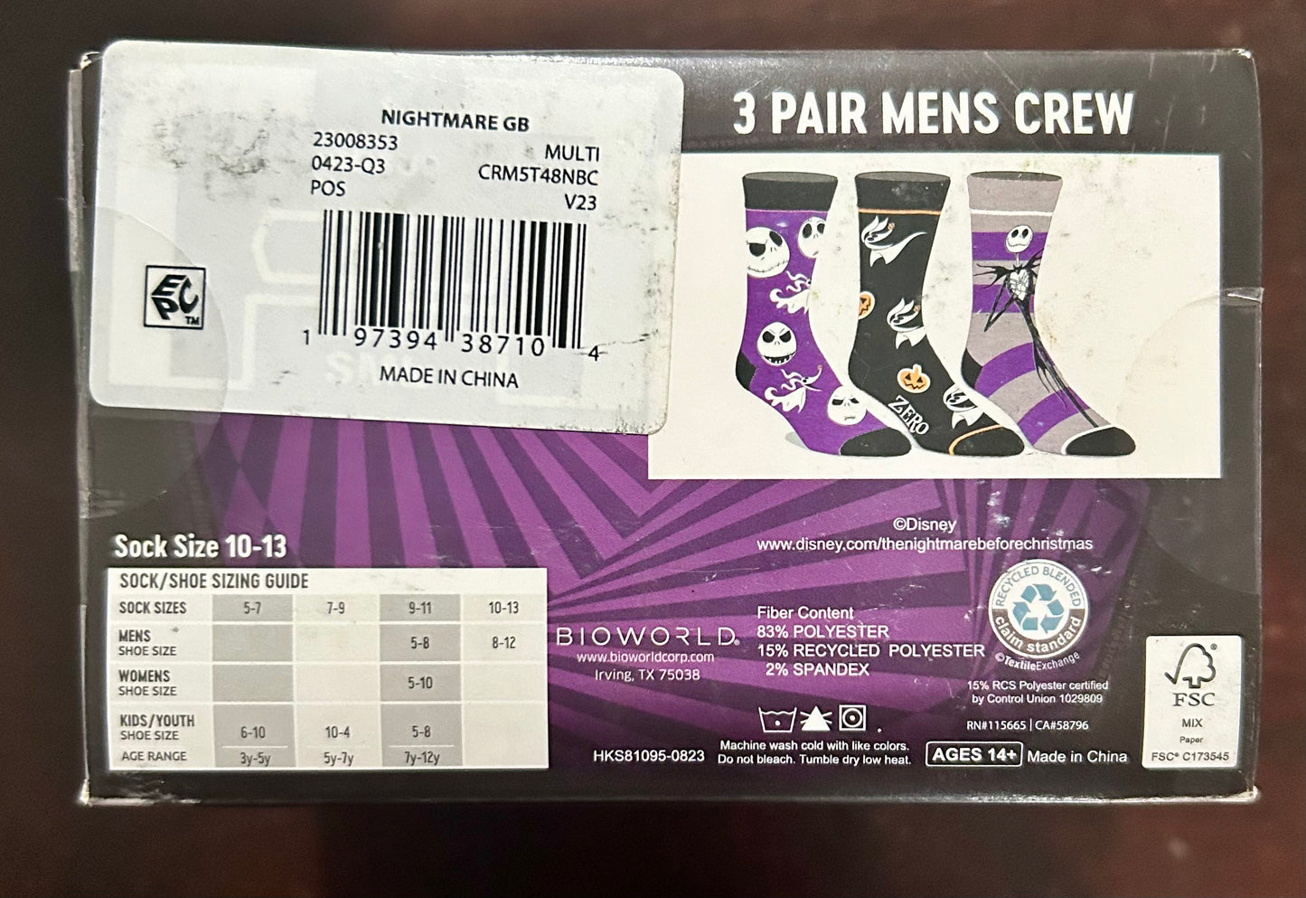 The Nightmare Before Christmas 3-Pack Men’s Crew Socks Size 10-13