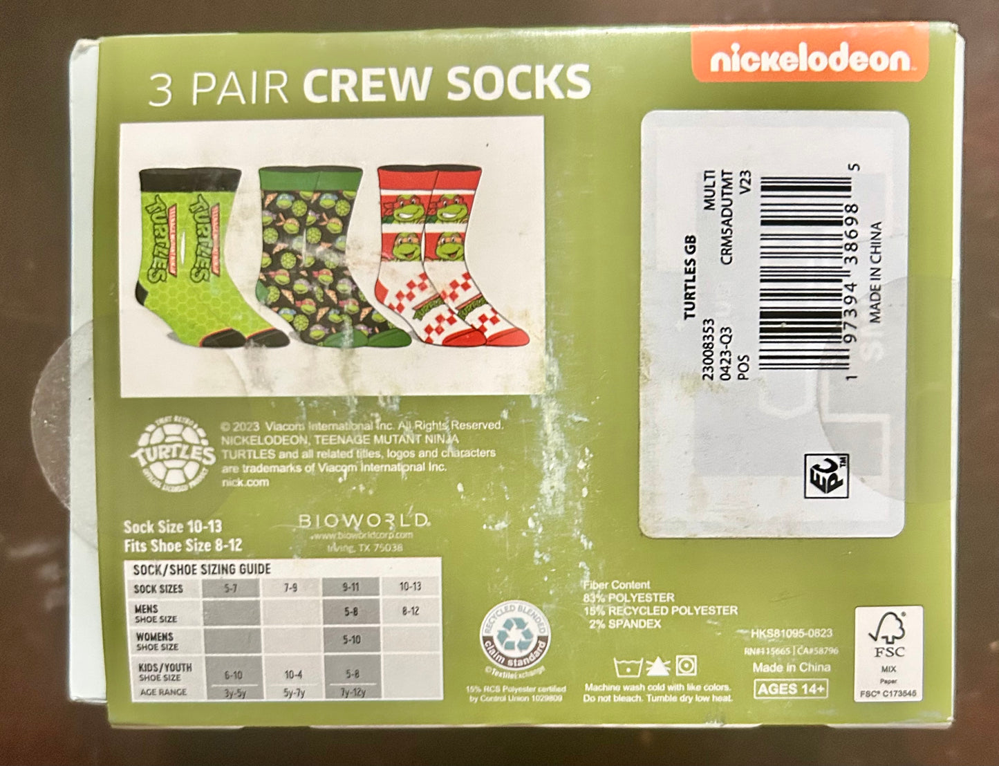 Teenage Mutant Ninja Turtles 3-Pack Men’s Crew Socks Size 10-13