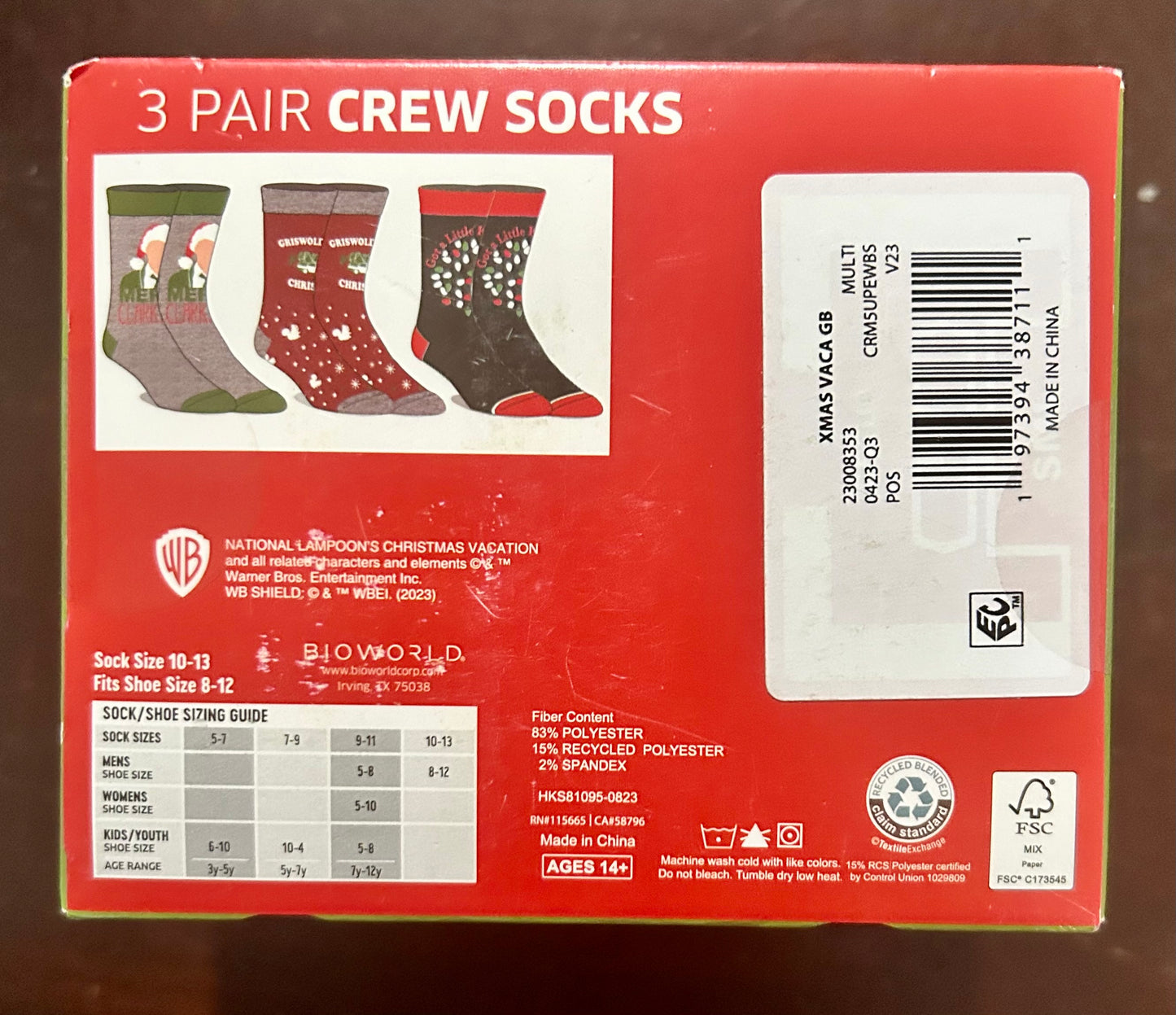 National Lampoons Christmas Vacation 3-Pack Men’s Crew Socks Size 10-13