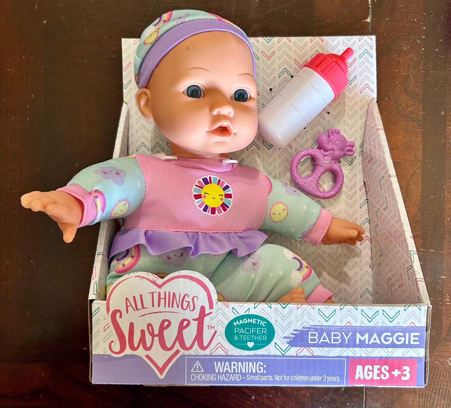 All Things Sweet Baby Maggie 12” Doll with Magnetic Pacifer & Teether