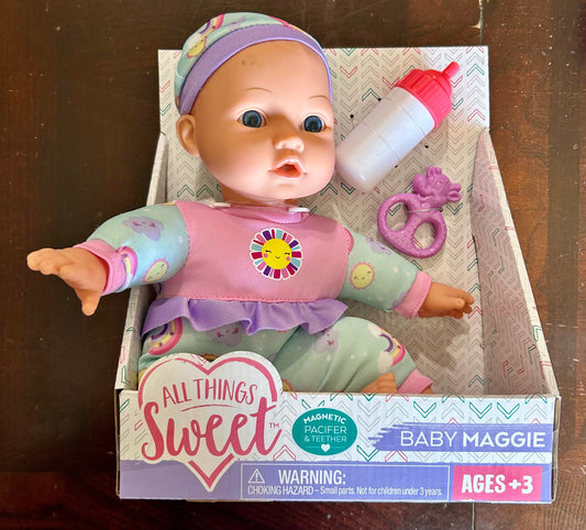 All Things Sweet Baby Maggie 12” Doll with Magnetic Pacifer & Teether