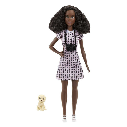Barbie Photographer Petite Fashion Doll Dressed in Heart-print Dress with Brunette Hair