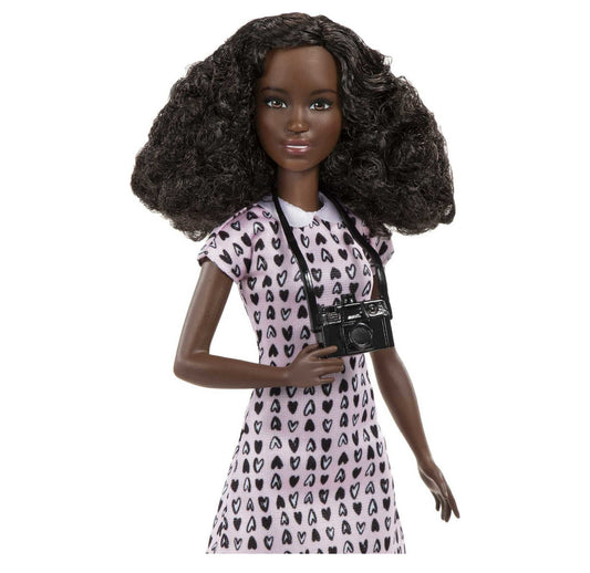 Barbie Photographer Petite Fashion Doll Dressed in Heart-print Dress with Brunette Hair