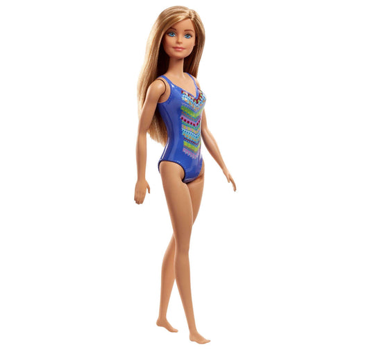 Barbie Beach Doll with Blue Patterned One-Piece Swimsuit, Blonde